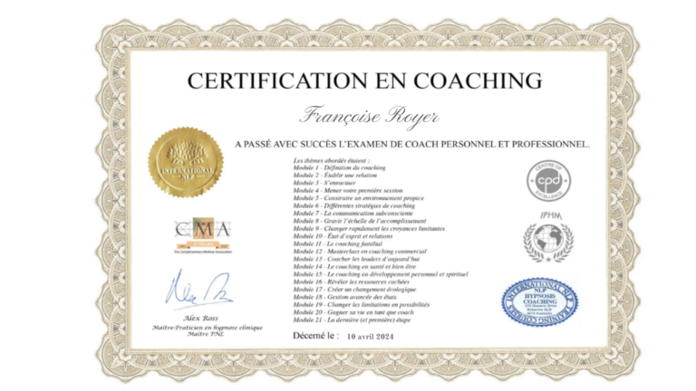 Certification coaching personnel et professionnel pour Francoise Royer