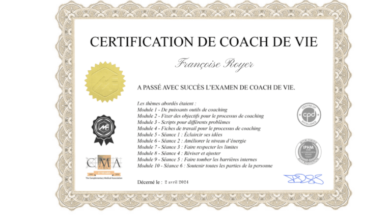 Certification en coaching de vie pour Francoise Royer